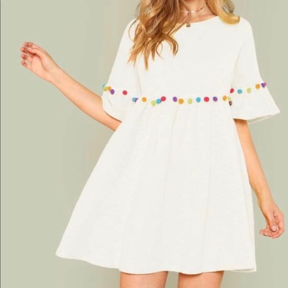 White dress with colorful pom poms Clearance